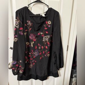 WD NY Black Embroidered Floral Long Sleeve‎ Blouse XL NWT
